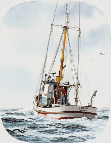 Salmon troller COHO, stern view (in oval)