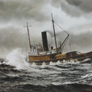 Steam tug IROQUOIS in rough seas, stern quarter