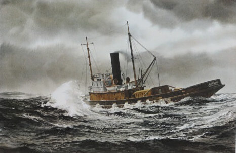 Steam tug IROQUOIS in rough seas, stern quarter