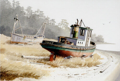 Tug MOLLY and reef-net fishing boat high and dry