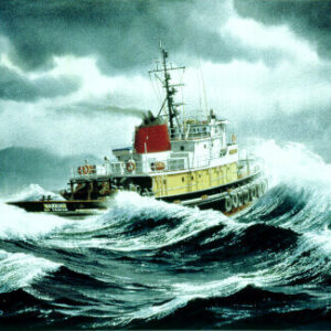 “Red-Stack” diesel tug WARRIOR in rough seas, stern quarter